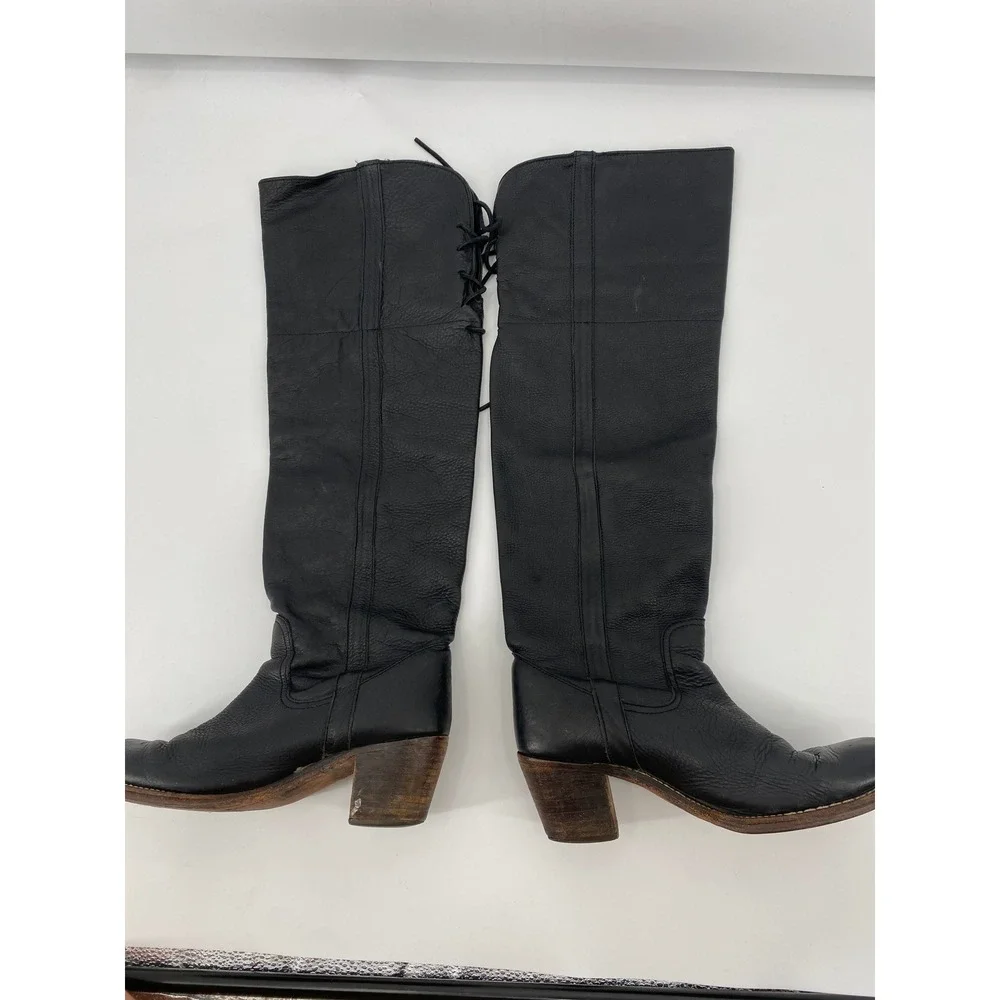 Free People Tall Lace Up Boots Women 38 Black Leather Block Heel Over The Knee